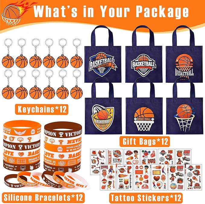 12Sets Basketball Party Favors Birthday Supplies Boy Kid, Tote Bag Silicone Bracelet Keychain Tattoo Sticker Basketball Favors Pinata Filler Goodie Bag Stuffers Basketball Birthday Party Supplies