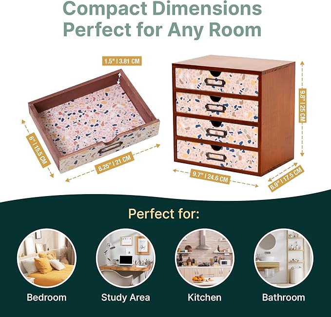 Terrazzo Pattern Wooden Desk Organizer - 4-Drawer Desktop Storage - Modern & Rustic Wood Cabinet for Office Supplies, Craft Tools, & Home Organization - Cute Drawer Unit