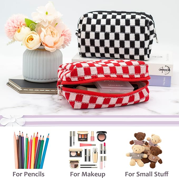 PAZIMIIK Checkered Makeup Bag for Purse Portable Zipper Make Up Pouch Small Cosmetic Case for Travel Accessories (Red)