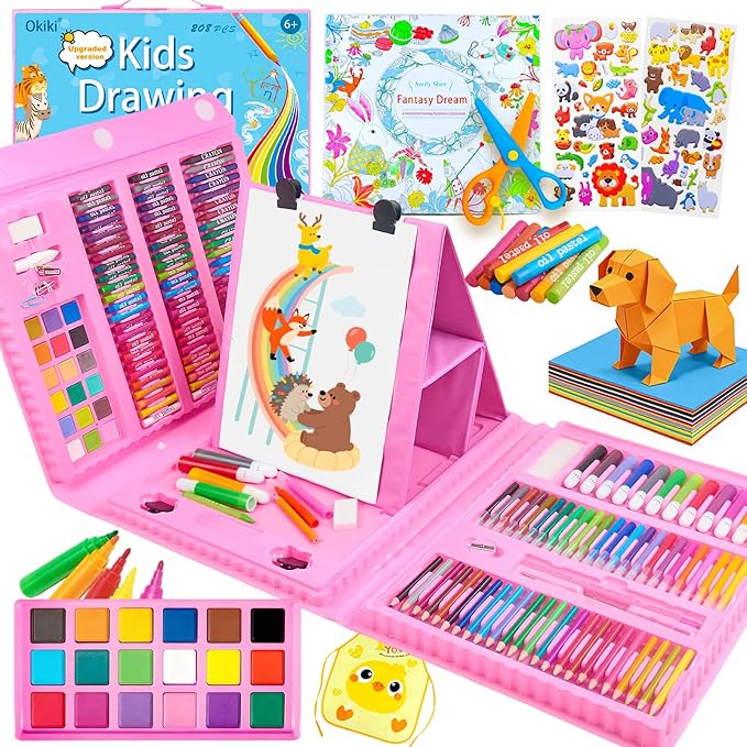 Art Supplies 297 Piece Drawing Art Kit Christmas Gifts for Girls Boys Kids Teens Gifts Coloring Art Set Case with Trifold Easel, Stickers, Coloring Book, Apron, Scissors, Origami Paper 40 Sheets