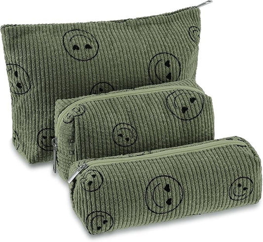 Huhumy 3 Pcs Makeup Bag Set for Women Corduroy Cosmetic Pouch Aesthetic Smile Travel Toiletry Bag Cute Purse Pouch Pencil Case Makeup Brushes Storage Organizer for Valentine(Army Green,Smile Face)