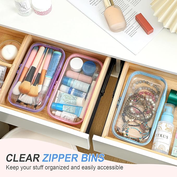 Hoolerry 3 Pcs Clear Hard Zipper Case Makeup Bag Plastic Zipper Pouch Christmas Storage Case Portable Travel Organizer Bin for Cosmetics, Building Blocks, Puzzles(Multicolor,S)