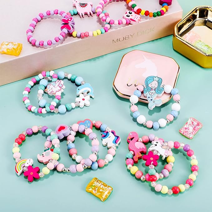 G.C 12 Pcs Girls Bracelets Jewelry for Kids Cute Unicorn Mermaid Animal Pendant Colorful Wooden Beaded Bracelets Princess Pretend Play Gifts for Toddlers