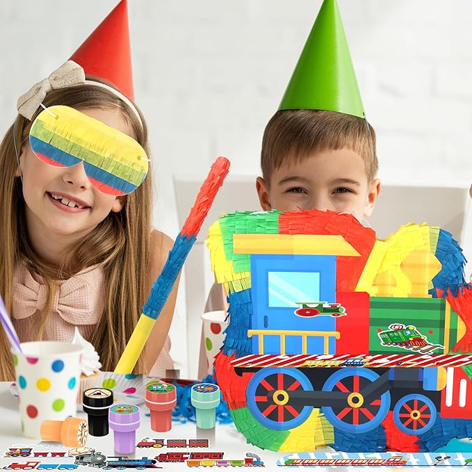 3D Train Pinata Set, Train Themed Birthday Party Game Supplies, Include Stickers Stamps Keychains Slap Bracelets, Train Party Decorations for Kids, Train Pinata for Boys Birthday Party Favors