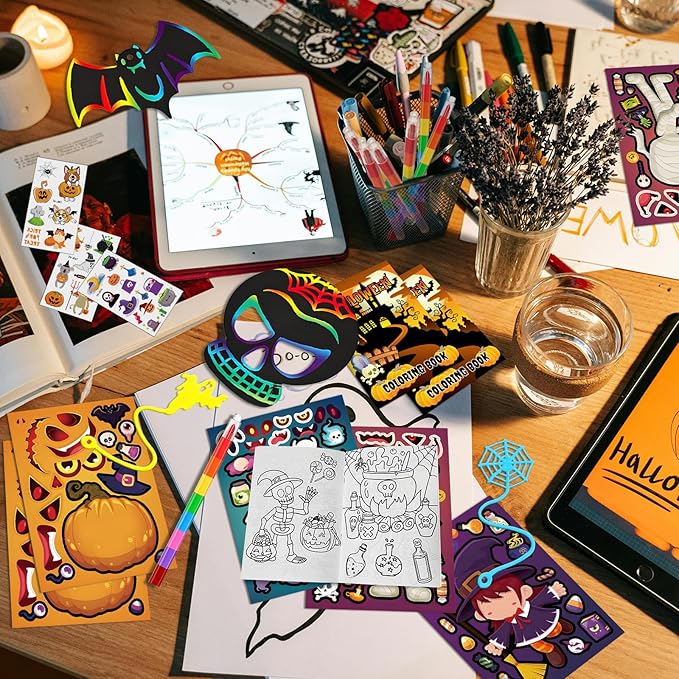 Halloween Party Favors, Halloween Coloring Books with Crayons School Exchanging Gifts Tattoo DIY Sticker Stampers Paper Crafts Slap Bracelets Sticky Hands Halloween Class Treat Prizes 96 PCS