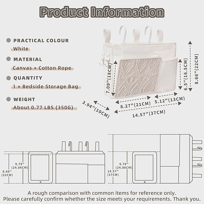 GYASVWU Boho Hanging Bedside Caddy Organizer, Macrame Bedside Pocket, Bunk Bed Organizer for Dorm Room , Baby Bed Rails, Magazine Storage, Toy Storage (White)