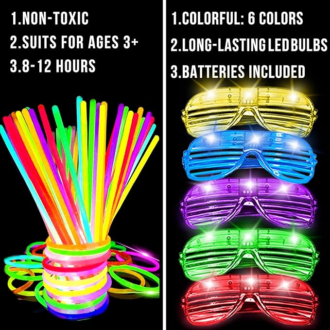 125 Pack Glow in the Dark Party Supplies with 100 Glow Sticks Bracelets and 25 Shutter Shades Flashing Glasses, LED Light Up Toys Neon Party Favors for Kid/Adult Birthday Wedding Carnival Concerts