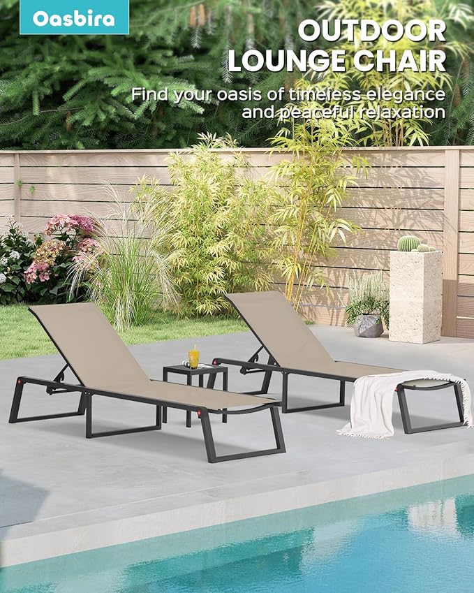 Aluminum Chaise Lounge Chair Outdoor, Foldable & Assembly Free Patio Pool Lounge Chairs 5-Position Recliner for Outside Poolside, Fully Grounded Legs Sun Lounger for Beach, Yard, Khaki
