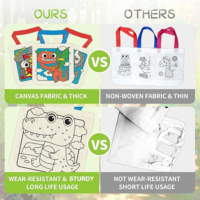 6 Pieces Kids Coloring Goodie Bags, Reusable Canvas Bag, Cute Art Party Favors, Color Your Own Bags for DIY Painting Birthday Carnival Celebration, Party Supplies Gift, Boys