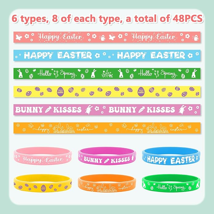 Lesnala 48 PCS Easter Rubber Wristband Theme Party Silicone Bracelet for Kids Teens Women Men Gifts Holiday Accessories Basket Stuffers Supplies