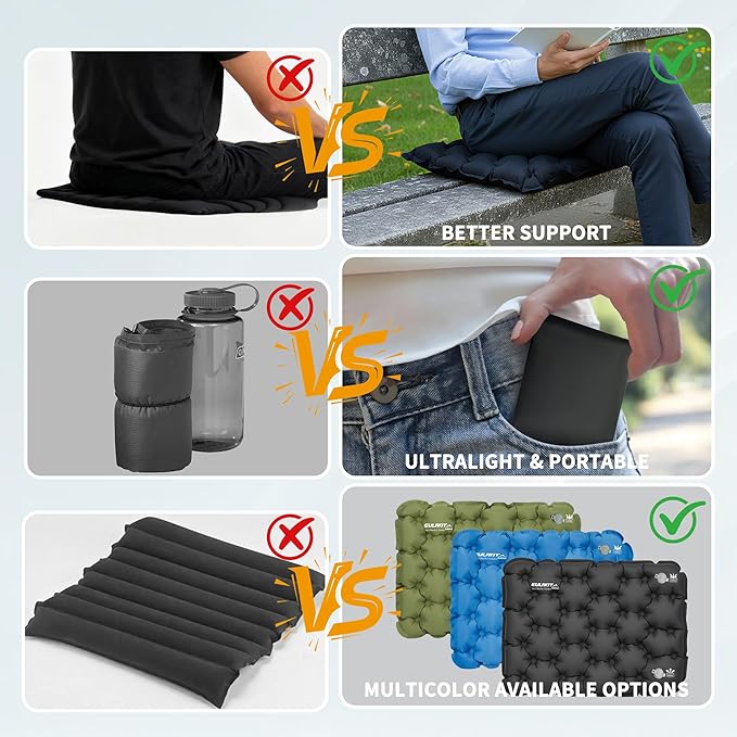 EULANT Inflatable Seat Cushion Lightweight Compact Stadium Seat Pad Camping Travel Air Seat Cushion for Airplane Hiking Bleachers Office Home Sports Events(Black)