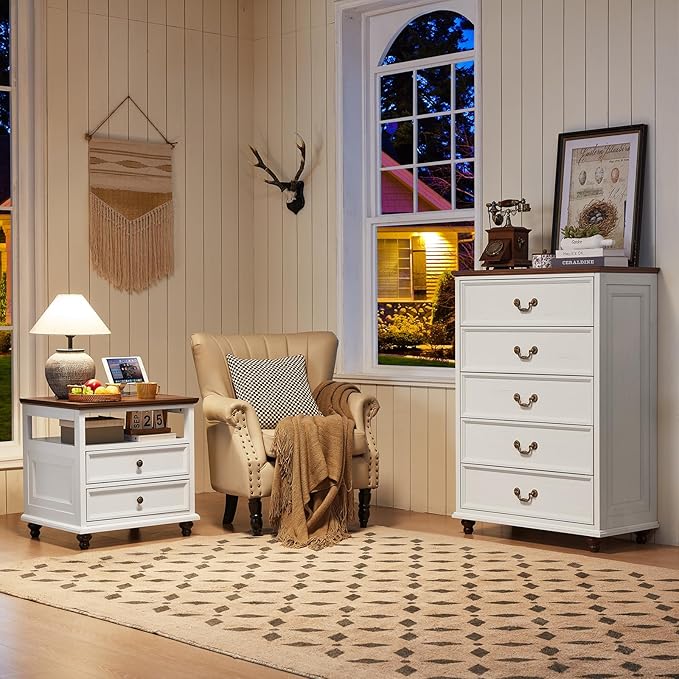 Farmhouse 5 Drawer Dresser for Bedroom, 45" Tall Rustic Chests of Drawers w/ 4 Solid Wood Feet, Mid Century Modern Wooden Closet Storage Dressers Organizer for Living Room, Hallway, White