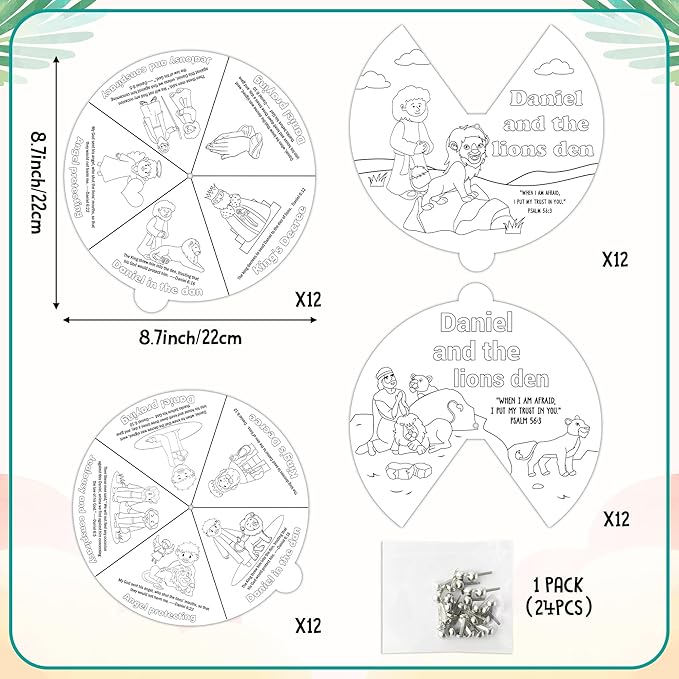 COcnny Christian Lion Coloring Craft - 24 Sets Daniel and The Lions Den Craft for Kids, Color Your Own Religious Wheel Cards Art Activities, Bible Jesus Biblical Game for Sunday School Classroom Home