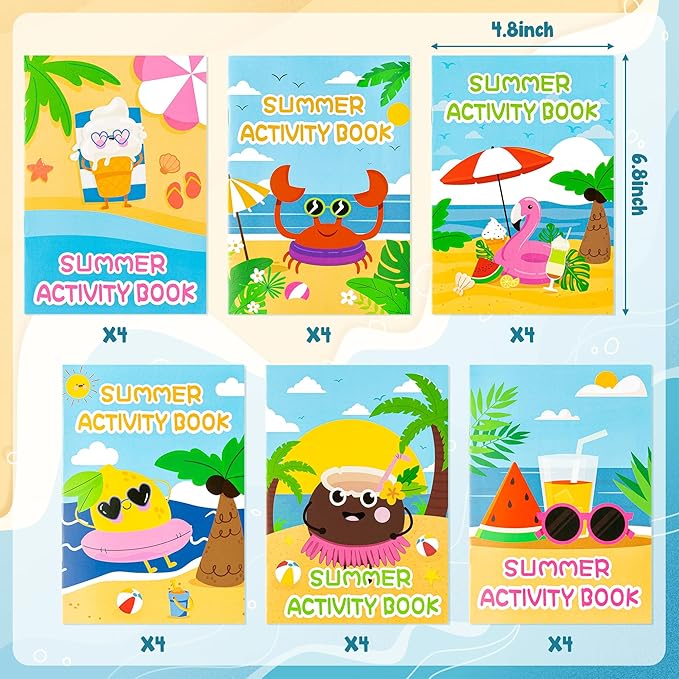 BZaber Summer Beach Coloring Books - 24Pcs Summer Game DIY Art Drawing Book Bulk Including Lemon Coconut Crab Flamingo Beach Pool Summer Patterns for Summer Holiday Classroom Rewards Goodie Bag Filler