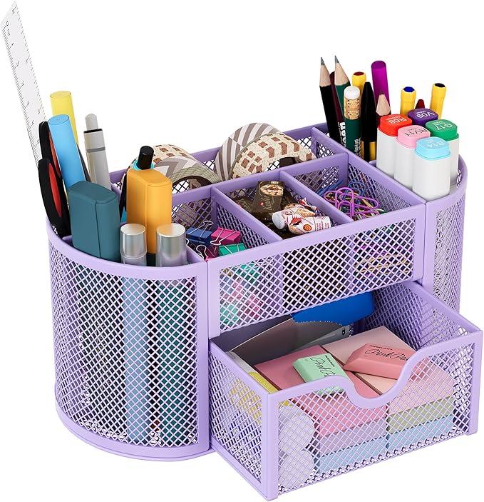 EasyPAG Mesh Pen Holder Desk Organizer with Drawer Stationery Supplies Organizer for Dorm School 9 Compartments Workspace Desk Accessories Organization for Office (Light Purple)