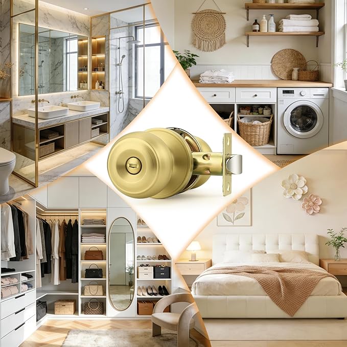 Probrico Brushed Brass Door Knob, Gold Bedroom Bathroom Door Knobs Inteior, Privacy Door Knobs, 6 Pack