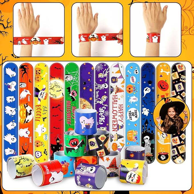 JUNEBRUSHS 56 Pack Halloween Slap Bracelets for Halloween Slap Bands Wristband Halloween Party Favors Snap Bracelets Bulk for Birthday Gifts Toys Party Bag Fillers
