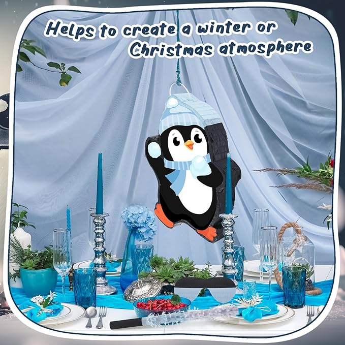 Lewtemi 15.1 Inch Penguin Piñata Winter Penguin Party Supplies Candy Animal Piñata with Stick Confetti and Blindfold Gift for Boy Girl Adults Winter Theme Birthday Party Supplies Decorations (Elegant)