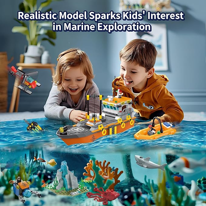 City Ocean Explorer Ship Building Set, Fun Toy Exploration Boat Building Block Kit with LED Lights,Helicopter, Submarine,and Shark Cage, Birthday Gifts for 6 8 10 12 Years Old Boys Girls Kids