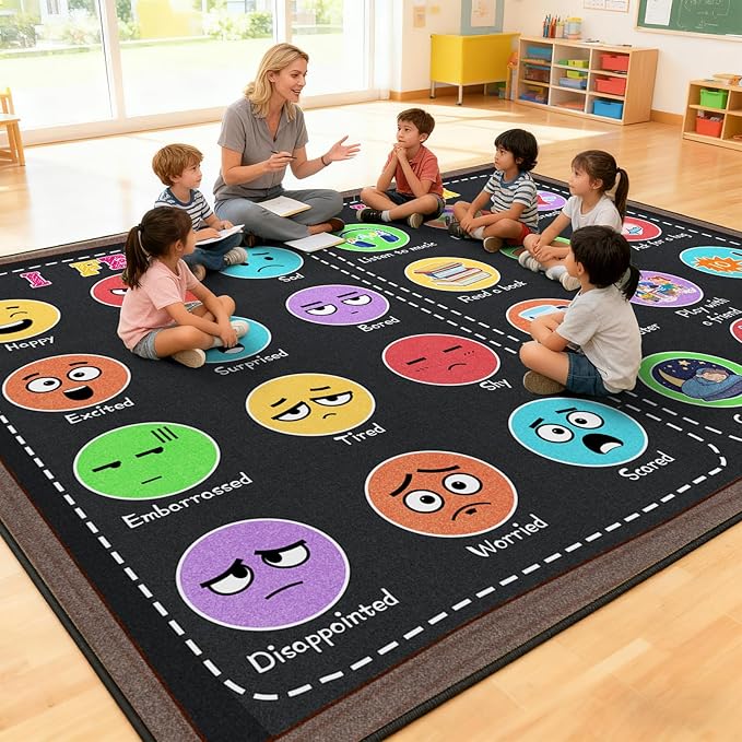 Large Classroom Rug Elementary 8x10ft for Playroom, Educational Smiley Face Kids Play Mat, Calming Corner Sensory Emotion Feelings Rug for Kidroom Nursery Bedroom, Non-Slip Washable(Black)
