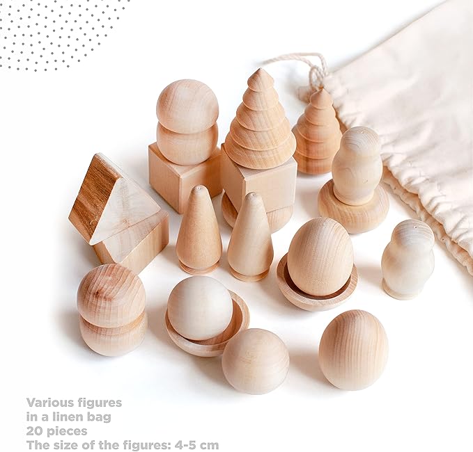 Ulanik Wonderful Bag Toddler Montessori Toys for 3 Year Old + Unfinished Wooden Figurines for Shape Sorting & DIY Painting Pyrography Decoupage Crafts — 20 pcs