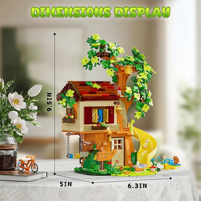 Treehouse Building Blocks Set, Natural Eco Cozy Cottage Educational Toy, Tree House Architecture Sets with Animals, Slide, Swing, Seesaw, Bicycle, Gifts for Kids, Girls and Boys Ages 8 Plus