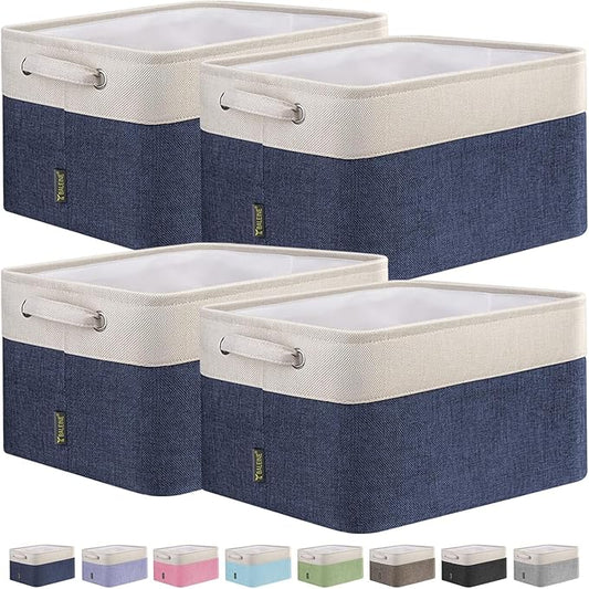 BALEINE 4 Pack Fabric Storage Bins for Shelves, Linen Storage Baskets for Organizing, Decorative Closet Bins for Clothes, Home (Navy Blue, 15"x11"x9.5")