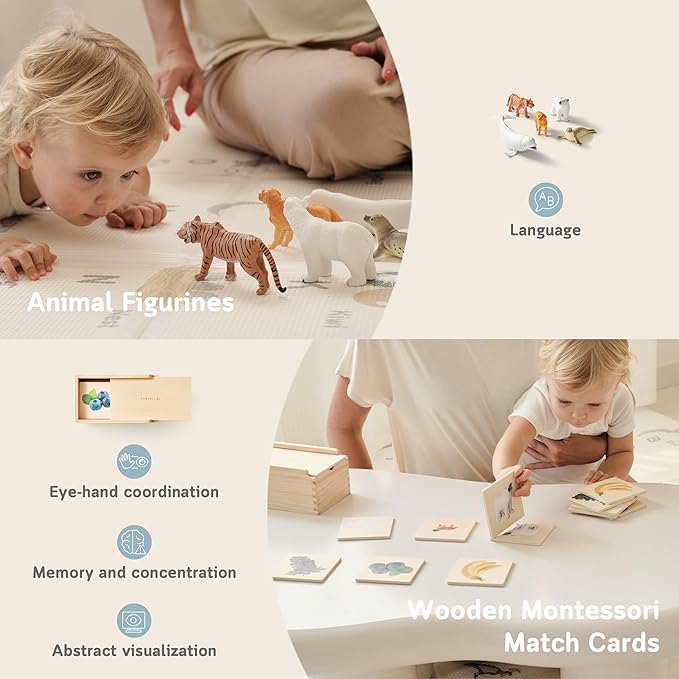 Fortella Montessori Toys for 1 Year Old, 6-in-1 Wooden Learning Educational Box Set with Ball Pounding Bench, Xylophone, Stacking Ring, Animal Figurines, Matching Cards, Developmental Toy Baby Gift