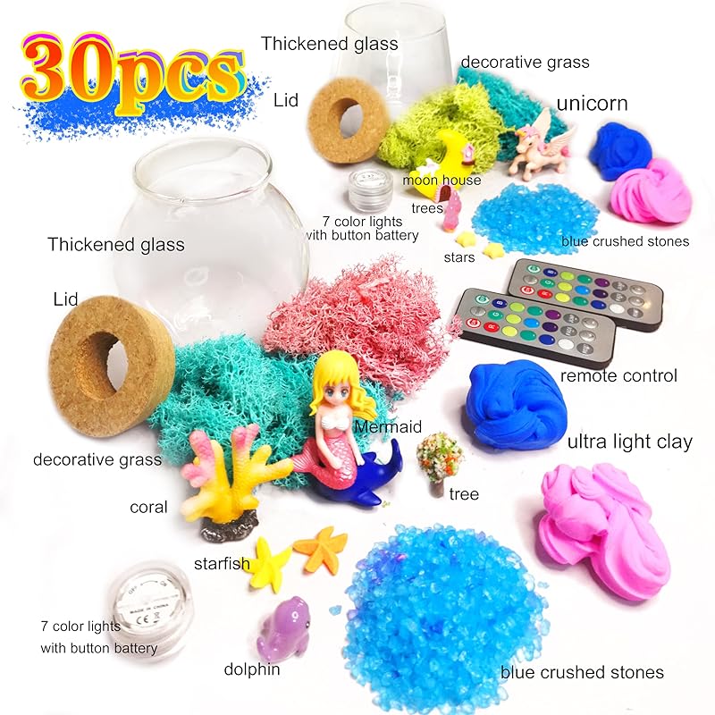 Buy 1 Get 2, Unicorn Terrarium Kit, Mermaid kit for Girls, Arts Craft Kit, Light Up Terrarium DIY Project, Toy for Ages 4-12 Kids, Remote Control LED
