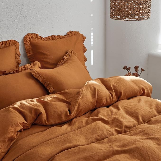 Simple&Opulence 100% Linen Duvet Cover Set, 3 PCS Natural French Flax Rust Ruffle Duvet Cover Queen Size, Breathable Comfy Linen Bedding Comforter Cover with 2 Pillowcases (Rust, 88" X 92")