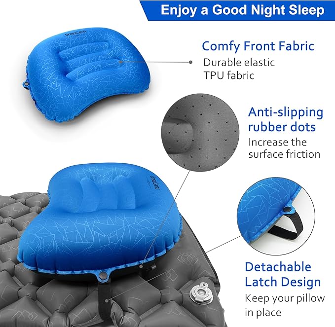 BreezCamp Inflatable Camping Pillow, Travel Blow Up Air Pillow, Neck Lumbar Support Ultralight Compact Pillow for Outdoor Hiking Backpacking Car Beach Airplane Sleeping Essentials, Navy Blue