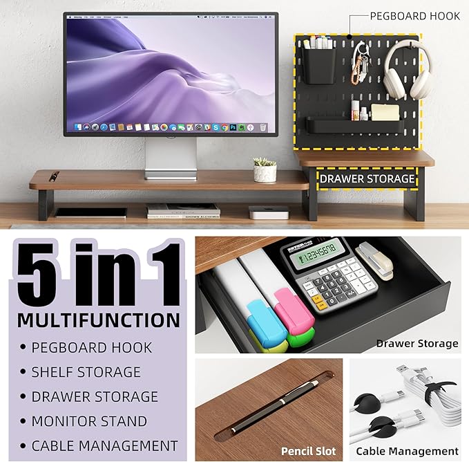 AFOOYO Monitor Stand Riser,Computer Monitor Stand with DIY Pegboard and drawer for Laptop,PC,Computer,Printer,Walnut Finish