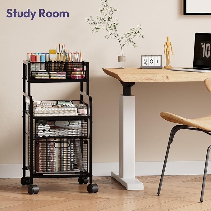 SWTYMIKI Rolling Cart with Drawers - Metal Utility Cart with Wood Shelf, DIY Divider and Locking Wheels, Craft & Art Cart Organizer for Under Desk Storage for Home Office Studio, Black