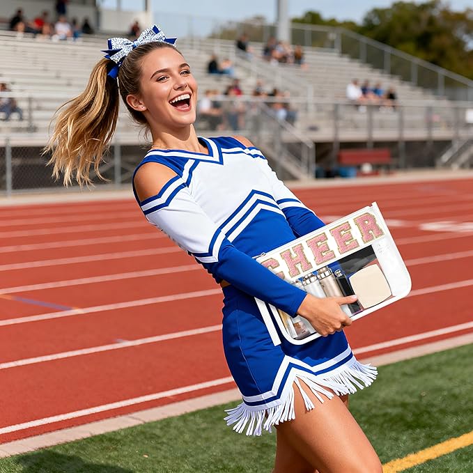 BuyCard Cheer Chenille Letter Bags Clear Makeup Bag, Cheerleader Gifts Cosmetic Bag, Varsity Preppy Patch Flat Pouch Cheer Accessories, Waterproof PVC Organizer Toiletry Bag for Women Girls White