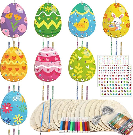 16 Pack Easter Egg Wind Chime Kits Easter Crafts for Kids Make Your Own Easter Egg Wind Chime Wooden DIY Arts and Crafts for Spring Party School Classroom Hanging Decoration Supplies Birthday Favors