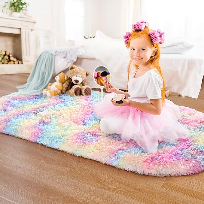 Noahas Oval Fluffy Rainbow Rug 2.6X5.3 Small Kids Rugs for Bedroom Girls And Boys Aesthetic,Bedside Bedroom Rug,Ultra Soft Runner Carpet Modern Shaggy Nursery Area Rugs Home Decor