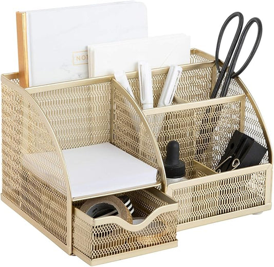BLU MONACO | Gold Desk Organizer with Drawer | Metal Desktop Caddy with Six Compartments for Office Supplies | Stylish Desk Organizers and Accessories for Home or Office