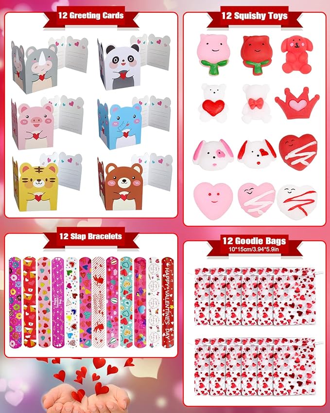 FEBALHS Party Favors for Kids, 48pcs Animal Valentines Exchange Gifts for Classroom School with Valentines Day Cards Goodie Bags Slap Bracelets Squishy Toys