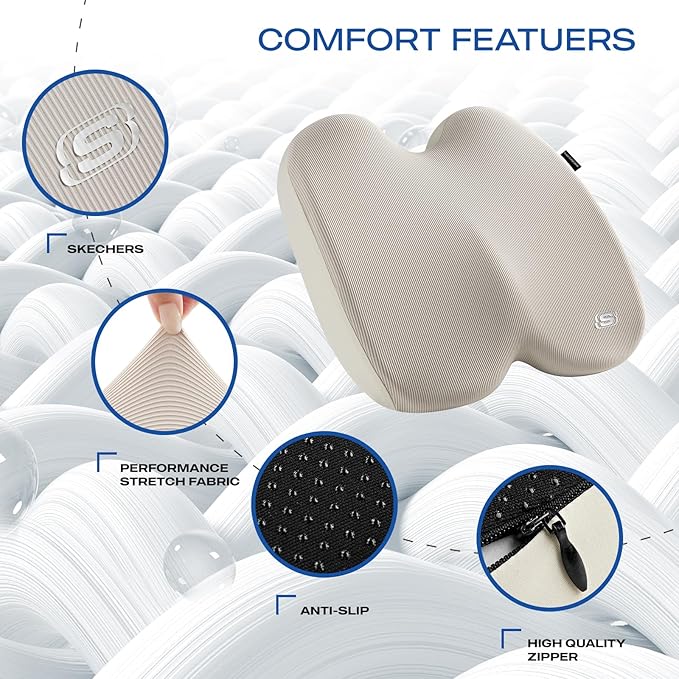 Skechers Seat Cushion, Ergonomic Memory Foam Cushion for Long Sitting Hours on Office & Home Chair, Car Seat Cushion for Sciatica, Coccyx Cushion,Beige