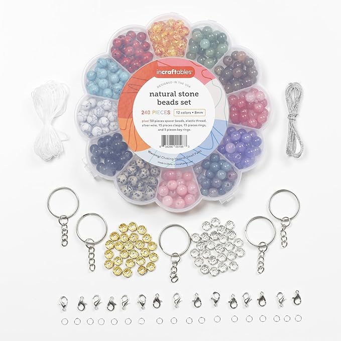 Incraftables Natural Stone Beads 12 Colors 240pcs Set for DIY Jewelry, Necklace & Bracelet Making. Assorted Real Crystal Chakra Bead Kit with Spacer Beads, Elastic String & Organizer