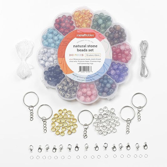 Incraftables Natural Stone Beads 12 Colors 240pcs Set for DIY Jewelry, Necklace & Bracelet Making. Assorted Real Crystal Chakra Bead Kit with Spacer Beads, Elastic String & Organizer
