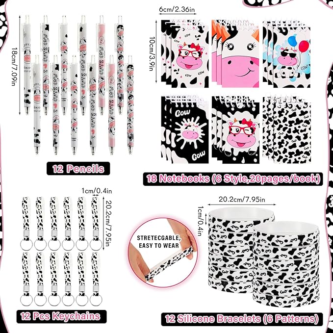 152 Pcs Cow Party Favors Supplies Include Cow Drawstring Goodie Bag Silicone Bracelets Cow Keychain Cow Stickers Spiral Notepads Bulk Inflatable Headbands Button Pin Pens Cow Print Notebook for Kid