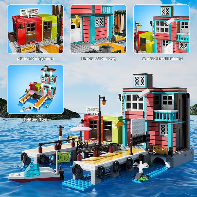 Mould King Dockside Inn Toy Building Set, Fisherman's Wharf House Model with Rescue Ship, Collectible Hotel Shop Block Kits, Display Model Toy for Boys Age 8+ Girls and Adults (782 Pieces) 10148