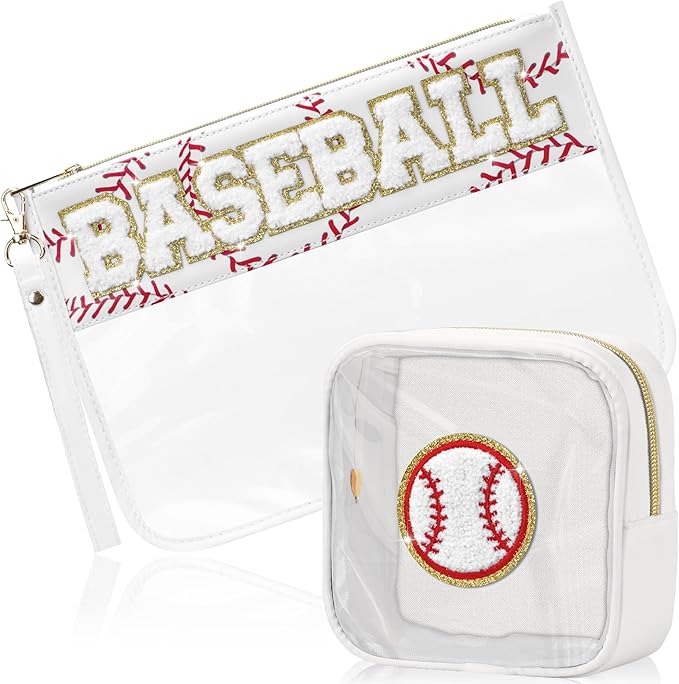 BuyCard 2 Pcs Baseball Gifts Cosmetic Makeup Bag with Chenille Letter Patch, Clear Pouch PVC Organizer Purse, Waterproof Travel Bag, Portable Toiletry Storage Bag for Her Girls Friends Women