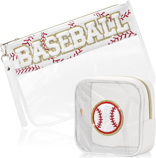 BuyCard 2 Pcs Baseball Gifts Cosmetic Makeup Bag with Chenille Letter Patch, Clear Pouch PVC Organizer Purse, Waterproof Travel Bag, Portable Toiletry Storage Bag for Her Girls Friends Women