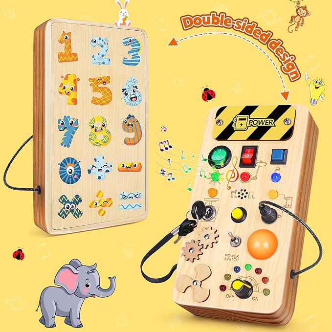 Busy Board with LED Light, Wooden Sensory Toys for Toddler, Montessori Music Toy for Airplane, Travel Activity Educational Learning Autism Toys, Birthday Boys Girls Gifts