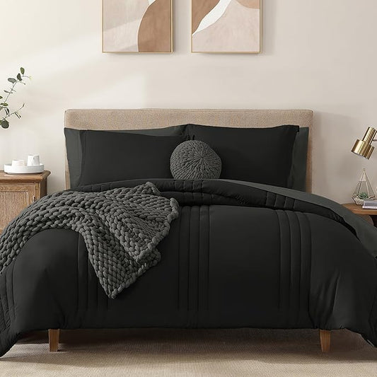 Monbix Full Comforter Set - 7 Pieces Black Bed in a Bag Full Size Bedding Sets with Comforters, All Seasons Comforter with Sheets, Pillowcases & Shams