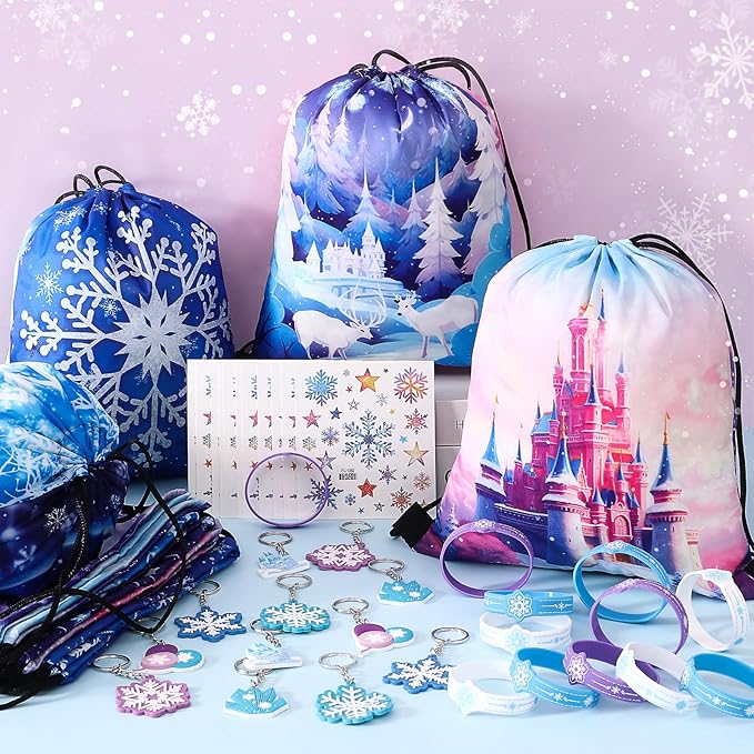 48Pcs Frozen Party Favors Elsa Birthday Supplies Girls, Drawstring Bags Silicone Bracelets Keychain Tattoo Sticker Frozen Goodie Bag Stuffer Filler Elsa Frozen Birthday Party Favors Supplies