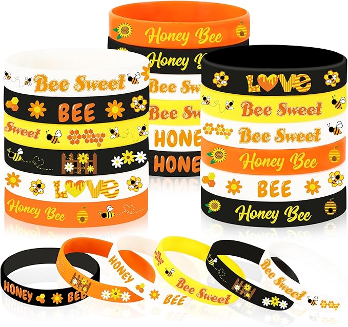 JUNEBRUSHS 42pcs Bee Party Favors Silicone Bracelets Bee Theme Rubber Wristbands Accessories for Students Boy Girl Bee Birthday Baby Shower Party Favors Decorations Supplies(3 Designs)