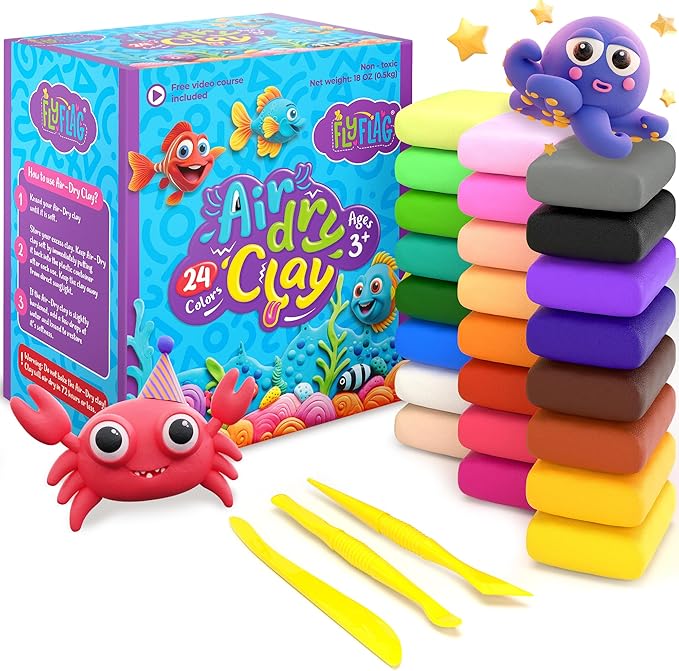 FlyFlag Air Dry Clay Kit - 24 Colors, Soft & Ultra Light, Modeling Clay for Kids with Accessories, Tools and Tutorials
